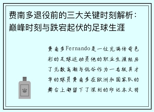 费南多退役前的三大关键时刻解析：巅峰时刻与跌宕起伏的足球生涯