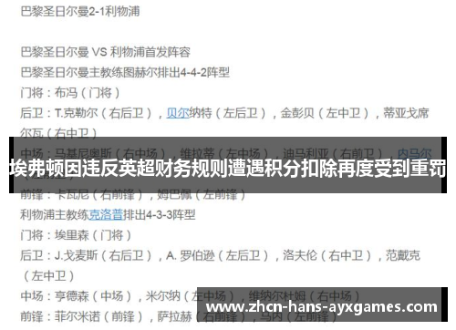 埃弗顿因违反英超财务规则遭遇积分扣除再度受到重罚