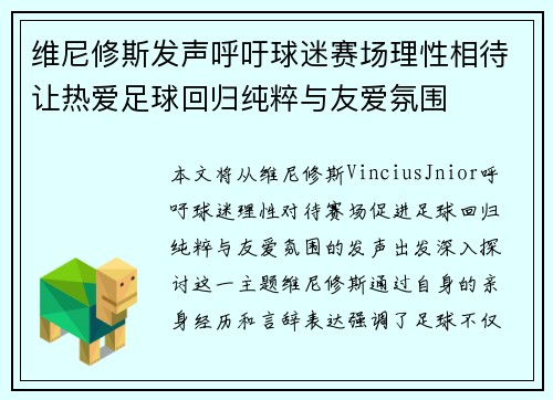 维尼修斯发声呼吁球迷赛场理性相待让热爱足球回归纯粹与友爱氛围 维尼修斯发声呼吁球迷赛场理性相待让热爱足球回归纯粹与友爱氛围