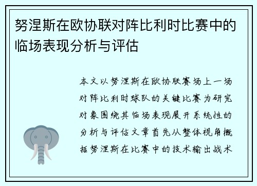 努涅斯在欧协联对阵比利时比赛中的临场表现分析与评估