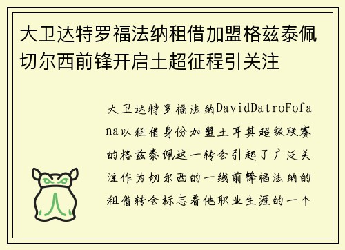 大卫达特罗福法纳租借加盟格兹泰佩切尔西前锋开启土超征程引关注